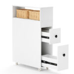 Slim White Bathroom Storage Cabinet (20"x7.5"x28.5") - Fits Tight Spaces (Tub-Toilet Gap), 2 Drawers + Open Shelf + Wicker Baskets - Image 4