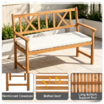 2 Person Acacia Wood Outdoor Loveseat Bench with Removable White Sponge Cushion, Heavy Duty Patio Garden Bench X-Shaped Backrest Armchair Slatted Seat for Backyard Porch Natural Wood Finish - Image 9