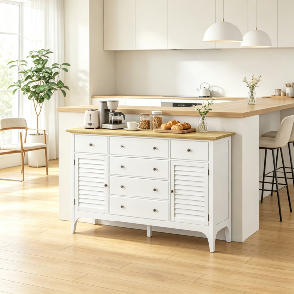 White Adjustable Shelves Sideboard – Buffet Cabinet with Storage Drawers, Rubber Wood Top Coffee Bar