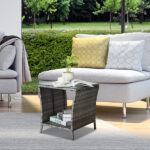 Outdoor Patio Wicker Side Table, Square End Table Bistro Coffee Table with Glass Top Storage Shelf for Porch Garden Backyard Grey SAME AS 19215985 - Image 4