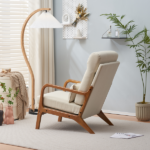 Same Code 47026089 High Back Solid Wood Armrest Backrest Iron Frame Linen Indoor Leisure Chair Off-White - Image 23