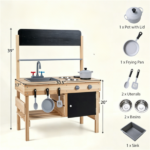 Natural Fir Wood Kids Outdoor Mud Kitchen Playset with Stainless Steel Sink & Stoves, Pretend Play Cooking Toy with Storage Hooks for Toddlers 3+ - Image 4