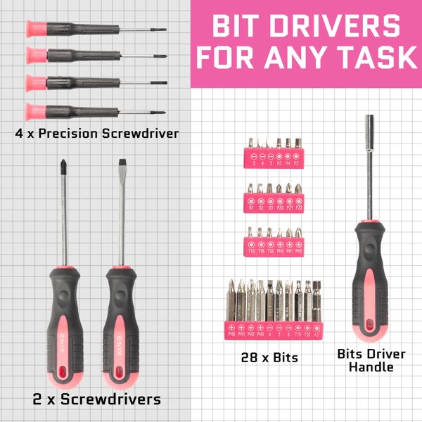 [Same code: 64738747]146-Piece Drill Set with 8V Pink Cordless Drill, Home Tool Kit with Drill, House Repairing Hand Tool Kits with Portable Case, for DIY Home Maintenance