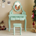 Kids Vanity Set with Mirror and Lights and Stool, 5 Storage Drawers, Pretend Play Princess Makeup Desk Dressing Table and Stool Set for Little Girls Age 3+, Macaroon Green - Image 3