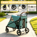66 LBS Capacity Teal Pet Stroller – for Large Dogs, All-Terrain Spring Suspension, 8-Position Adjustable Handle - Image 6