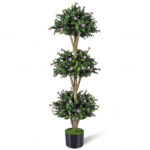51" Artificial Boxwood Topiary Tree with 59 Flowers, Realistic Faux Evergreen Plant - White - Image 14