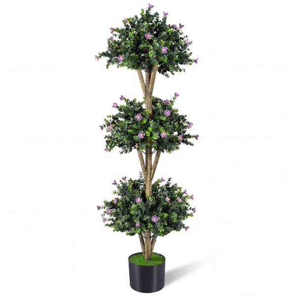 51" Artificial Boxwood Topiary Tree with 59 Flowers, Realistic Faux Evergreen Plant - Purple