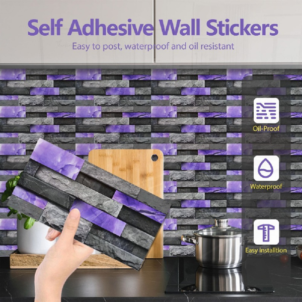 24 Sheets Peel and Stick Backsplash Marble Wall Tiles Waterproof Oilproof Purple Glossy Imitation Stone brick wall stickers PVC Shower Wall Panels for Interior Wall Decor; Tile for Kitchen Bathr