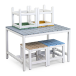 5-piece children's patio table and chair set (1 table + 4 stools), 29.5 inches, blue-khaki, light orange, blue-green color blocking, made of poplar wood - Image 4