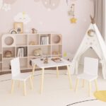 Kids Table and 2 Chairs Set, 3 Pieces Toddler Table and Chair Set, Wooden Activity Play Table Set (White) - Image 7