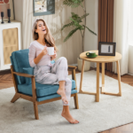 Mid-Century Oak Accent Chair - Linen-Cotton Navy Blue Upholstered Single Lounge Chair, Indoor Armchair with Sturdy Wood Frame (330LBS Weight Capacity) - Image 19