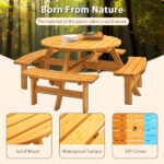8-Person Outdoor Circular Wooden Picnic Table with 4 Built-in Benches for Patio Backyard Garden, Natural - Image 5