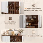 39" Fluted Liquor & Coffee Bar Cabinet with 6 Wine Racks and 3 Glass Holders, Mid-Century Modern Bar Cabinet with A Large Storage Drawer ,4 Hidden Storage Space on the Side , White - Image 15