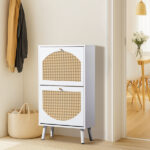 2 dump buckets with high-leg arched rattan shoe cabinet particle board + plastic rattan 54*24*98cm white frame + original wood rattan surface + white high-leg shoe cabinet