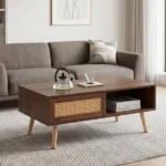 41.3 Inch Rattan Coffee Table with Sliding Storage Door, Rectangle Wooden Accent Center Sofa Table with Solid Wood Legs,Suitable for Living Room,Walnut (Shipment from Walmart) - Image 3