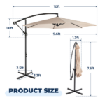 10FT Round Offset Patio Umbrella, Banana Hanging Cantilever Umbrella with 60° Adjustable Angle, Crank System, Cross Base & Pole Sleeve, UPF 50+ Waterproof Polyester Canopy, 6 Iron Ribs for Garden Deck Backyard, Khaki - Image 14