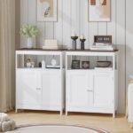 Modern Storage Cabinet with Double Doors, Free-Standing Bathroom Cabinet with Adjustable Shelf and Natural Wood Top, Multi-Purpose Organizer for Kitchen, Living Room, Bathroom or Entryway – White - Image 7