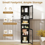 67" Tall Slim Bathroom Storage Cabinet with Fluted Doors, Adjustable Shelf Freestanding Narrow Organizer - Black - Image 12