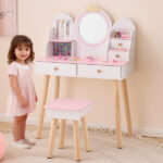 White and pink crown element, MDF + particleboard + solid wood legs, painted and melamine laminated, 4-drawer children's dressing table set - Image 8