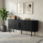 Black Embossed Particle Board TV Stand, Oval Tabletop 147×35×58cm, Entertainment Center with Slatted Sliding Doors, Modern Media Console Cabinet for Living Room - Image 2