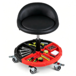 Adjustable Rolling Mechanic Stool with Backrest & Removable Tool Tray, 360° Swivel Lockable Wheels Heavy Duty 330 LBS Capacity Gas Lift Workshop Repair Seat Black Red