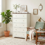 5-Drawer Cabinet with Solid Wood Veneer and Paint P2 MDF + P2 Particleboard Storage Cabinet 31.3*15.55*47.24in Dark brown Ceiling Panels + Light Brown Cabinets - Image 12