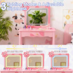 Pink MDF + solid wood legs, spray paint + silkscreen printing, cow pattern, 1-drawer children's dressing table set, LED three-color backlit touch switch - Image 6