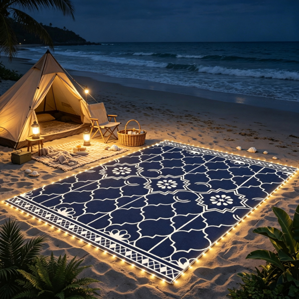 Reversible LED Light Outdoor Rug Carpet 12'x9' PP Straw Material with Carry Bag And Ground Stakes for Garden Patio Decor