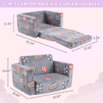 Kids Foldable Sofa Bed with Night Glow – 2-in-1 Convertible Children’s Lounge Chair, Soft Flannel Fabric, High Resilience Sponge, Removable Cover, Safe Round Edge Design – Gray Blue Sports Ball Pattern - Image 2