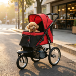 Red 3-Wheel Pet Stroller – for Small & Medium Dogs, Adjustable Canopy, Safety Tether, Storage Basket - Image 6