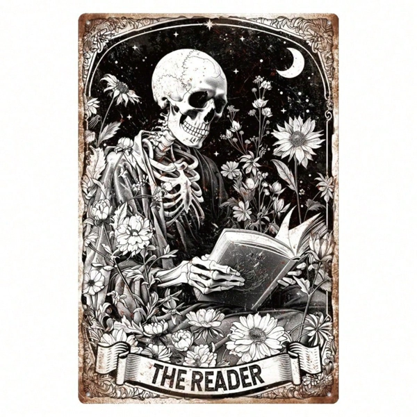 8d1c4c6d-84b0-4ebc-970f-e9a4bf817981.png CIFbuy Vintage Retro Skeleton Reading Books Metal Tin Sign, Funny Floral Moon Pattern Rectangular Wall Art, Rectangular Wall Art, Waterproof Rustproof Unfram ikTok, ikTok, ngular Wall Art Self-n,ckup Logiopram - Image 1