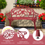 Outdoor Cast Aluminum Patio Bench, Porch Bench Chair with Curved Legs Rose Pattern, Red - Image 10