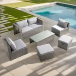 2pcs armless sofa + 2pcs footstool + 1pcs double sofa + 1pcs coffee table with storage, gray gradient rattan, gray cushion, rattan multi-piece set - Image 5