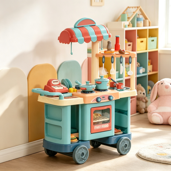 8d8f750f-0007-42c3-b767-f2d478a29e54.png Kids Kitchen Food Stand – with Play Food, Cashier Register, for 3-6Y Kids Grocery Store Pretend Play & Social Skill Training - Image 1