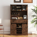 Brown Farmhouse 72" Pantry Cabinet with Hutch, Sliding Barn Doors & Wine Storage Rack - Image 2