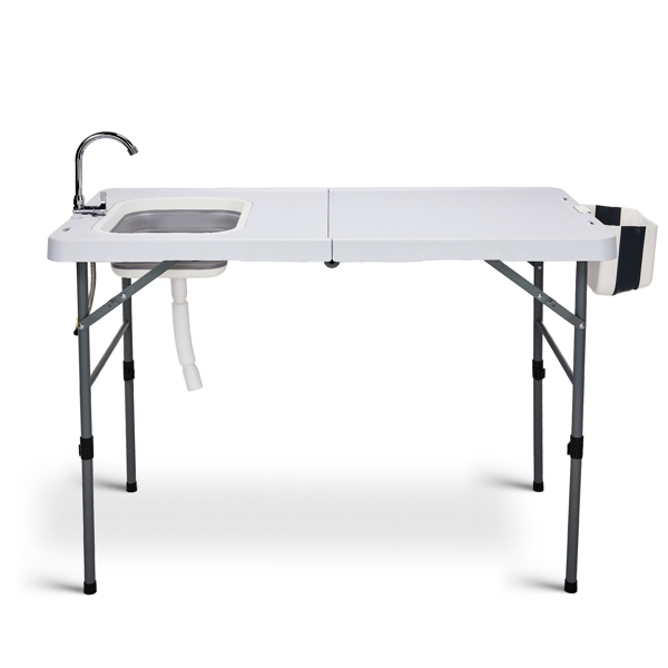 50" Folding Fish Cleaning Table with Sink, Bi-Folding Portable Camping Sink Station with Drain Hose, Trash Can, Foldable Outdoor Sink for Camping, Fishing, BBQ