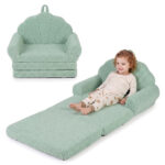 2-in-1 Flip Open Kids Sofa Lounger, Teddy Fleece Toddler Couch with Carry Handle for Ages 3+ (Green) - Image 3