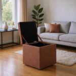 Brown Linen-Textured Storage Ottoman with Black Rubber Feet – Compact Square Seat with Hidden Storage, 42×42×44cm - Image 3