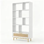White Rattan Drawer Bookcase with 8 Open Cubbies, Freestanding Engineered Wood Storage Display Shelf with Anti-Toppling Device for Living Room Bedroom - Image 2