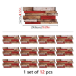 12-Piece Set of Retro Red Shaped Wood-Grain Self-Adhesive Wallpaper (PVC, Waterproof, Oil-Resistant, Removable Without Leaving Residue) – Country Style for Kitchen and Bathroom; Can Be Cut to Size for Wall Decoration - Image 3
