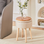 SKU 11441794 Storage Ottoman Linen Round Vanity Stool Tray Top Modern Foot Stool with Wood Legs Multifunctional Upholstered Foot Ottoman Rest for Living Room, Bathroom, Makeup Beige (TEMU ) - Image 4