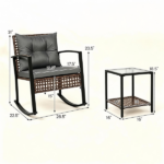 3-Piece Outdoor PE Rattan Rocking Chair Conversation Set with 2-Tier Glass Coffee Table, Heavy Duty Metal Frame Patio Rockers with Zipper Removable Gray Cushions & Back Pillows Mixed Brown Wicker for Backyard Porch Poolside - Image 4