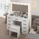 Vanity Desk Set with Large Lighted Mirror and Powre Outlet, Glass Top Makeup Vanity with 9 Drawers, Vanity Table with 12 LED Lights, 3 Lighting Color Adjustable, White - Image 12