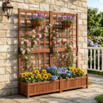 Rustic Brown Elevated Planter with Lattice Trellis, Dual Large Planting Boxes with Drainage System for Vining Flowers Vegetables Balcony Decor - Image 7