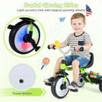 Toddler Tricycle with Rainbow LED Wheels, Foldable 3-in-1 Balance Bike with Carbon Steel Frame, Removable Pedals & Rear Storage Basket - Green - Image 8