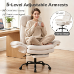 5-Level Flip-Up Armrest Ergonomic Office Chair with Retractable Footrest, Teddy Fleece Reclining Gaming Chair 90°-135° Adjustable Backrest SGS Gas Lift Heavy Duty 551 LBS Capacity White Desk Chair - Image 7