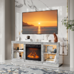 Silver Mirror Modern TV Stand with 18 Inch Fireplace Insert & Storage Shelves, Medium Density Fiberboard Fireplace TV Console for Living Room, 143 x 35 x 62 cm - Image 11
