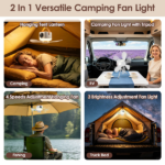 Multi-Mode Camping Fan Lantern Combo Adjustable Wind & Light Levels Timing Function, Dual Control Panel & Remote Detachable Fan Blades Floor Stand Hanging Strap Included - Image 6