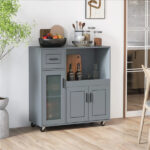 Gray Kitchen Island Cart with Microwave Shelf, Drawer & 2-Door Cabinet, 360° Swivel Casters - Image 10