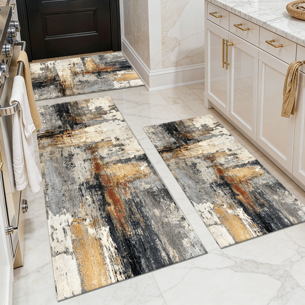 8f18bc01-79c3-4437-9ca4-9bc4e2237d0f.png Three-piece kitchen rug set, non-slip and washable, abstract pattern kitchen hallway rug, soft and comfortable, suitable for sinks, floors, entrances, hallways and bathrooms. - Image 1